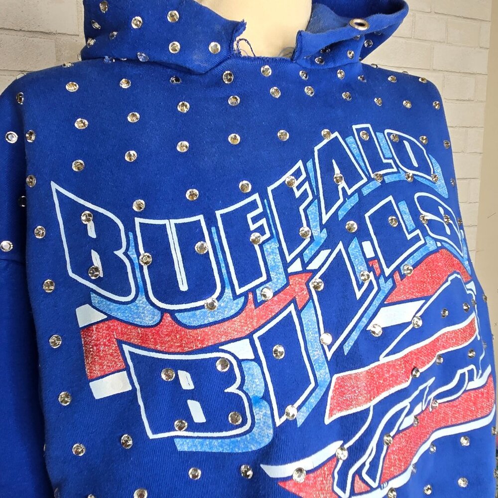 Furst Of A Kind Vintage Upcycled Buffalo Bills Cropped Jeweled Hoodie - Picture 4 of 5